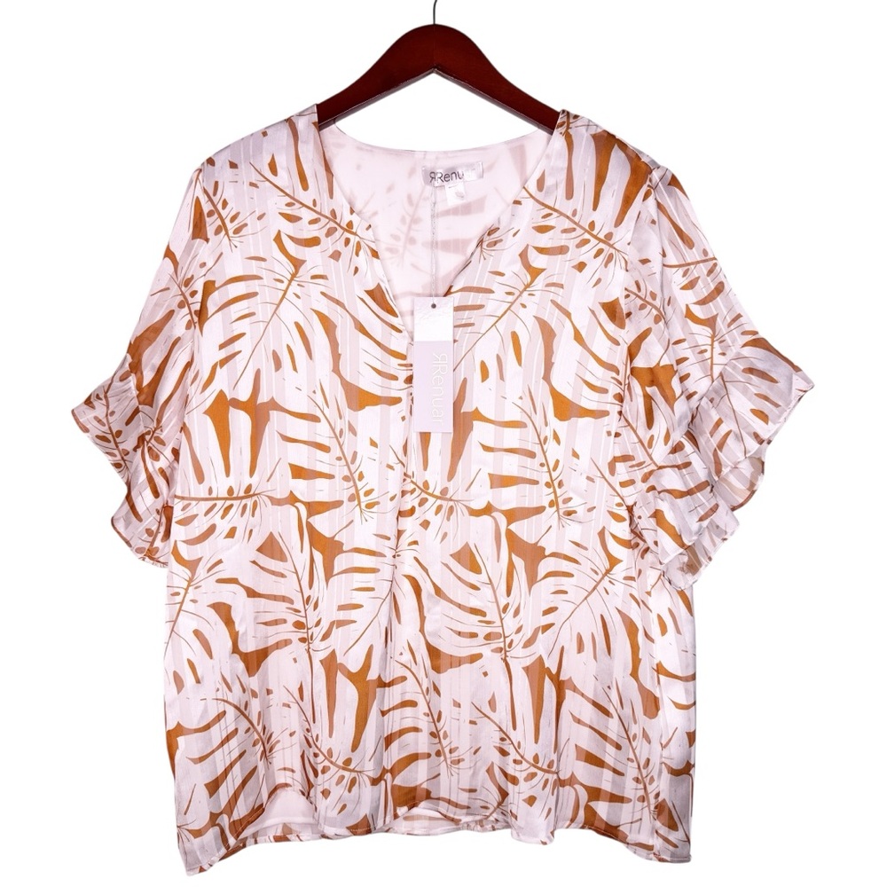 RENUAR NWT Palm Leaf Print Flutter Sleeve Top Size Large